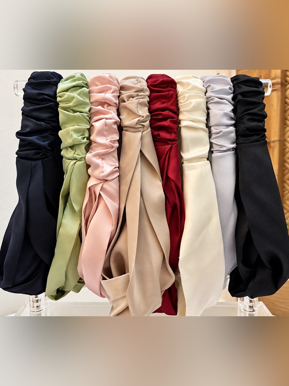 Set of 8 Ruched Satin-Like Fabric Headbands | Wide Soft Hair Accessories